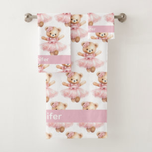 Custom Name Pink Teddy Bear Girl's Bath Towel Set