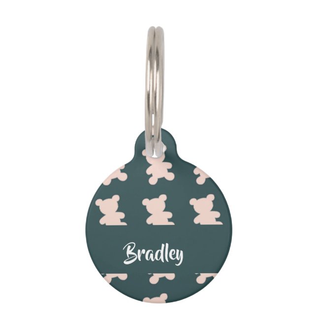 Custom name pink teddy bear silhouette pet tag (Front)