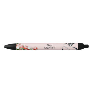 Custom Name Pink Tulip Floral Stethoscope Nurse  Black Ink Pen