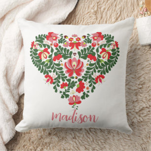 Custom Name Pink Typography/ Floral Folk Heart Cushion