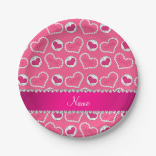 Custom name pink volleyball mum hearts paper plate