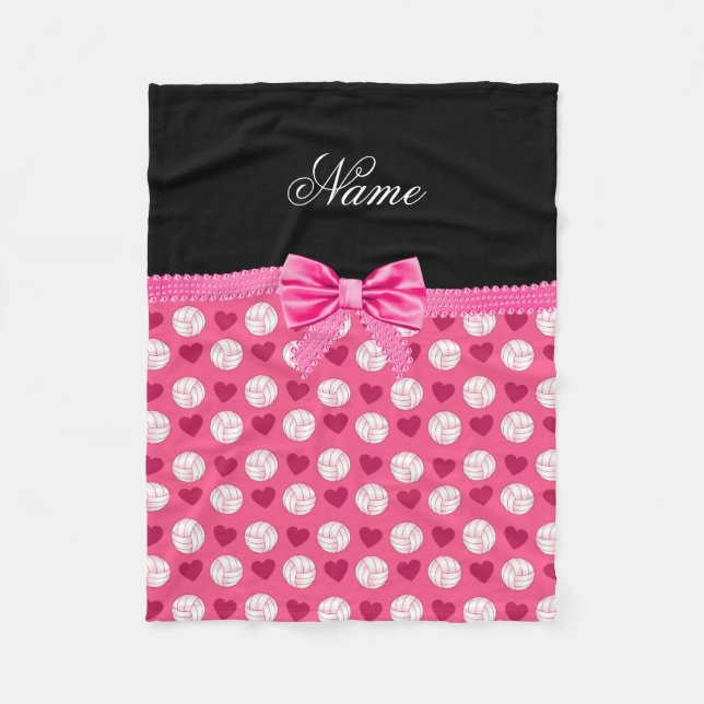 Custom name pink volleyballs hearts and bow fleece blanket (Front)
