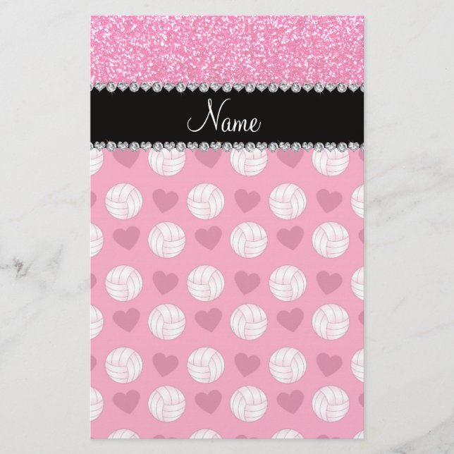 Custom name pink volleyballs rose pink glitter stationery (Front)