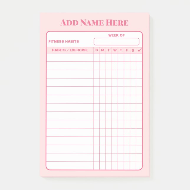 Custom Name Pink Weekly Habit Tracker Sticky Notes (Front)