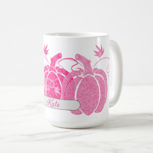 Custom Name Pink & White Fall Filigree Pumpkins Coffee Mug