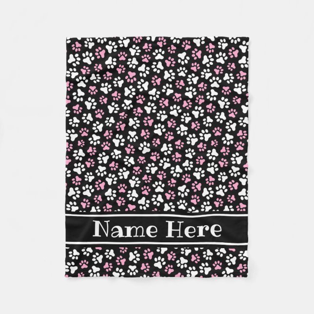 Custom name pink white on black paw print pattern fleece blanket (Front)