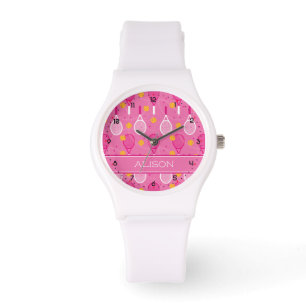Custom name Pink & white tennis racket pattern  Watch