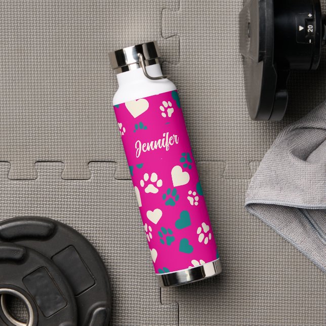  Custom Name Pink with Teal & Cream Paw Prints Water Bottle (Gym)