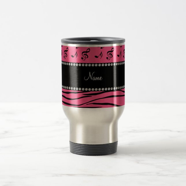 Custom name pink zebra stripes pink music notes travel mug (Center)