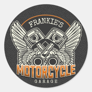 Custom NAME Pistons Wings Motorcycle Biker Garage Classic Round Sticker