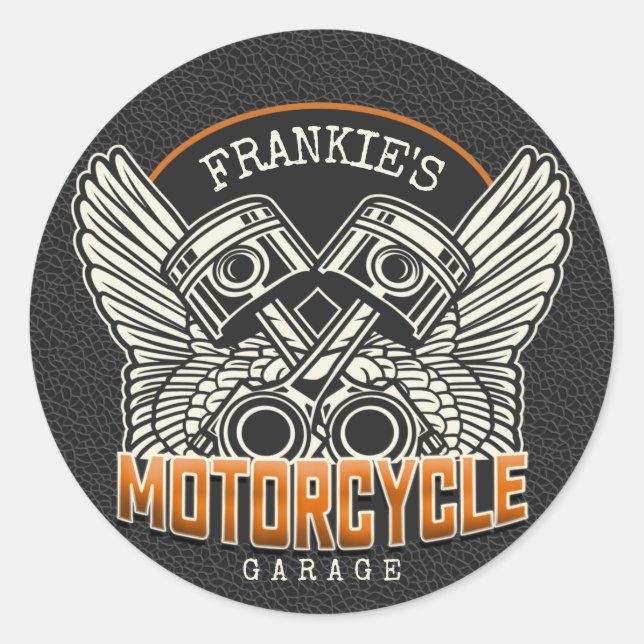 Custom NAME Pistons Wings Motorcycle Biker Garage Classic Round Sticker (Front)
