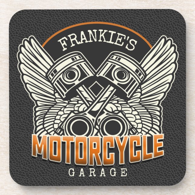 Custom NAME Pistons Wings Motorcycle Biker Garage Coaster (Front)