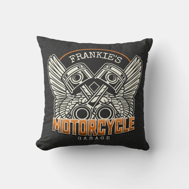 Custom NAME Pistons Wings Motorcycle Biker Garage Cushion (Front)