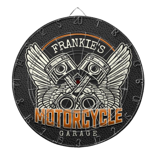 Custom NAME Pistons Wings Motorcycle Biker Garage Dartboard (Front)