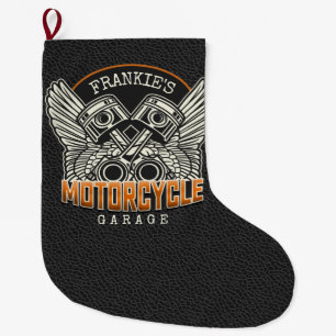 Custom NAME Pistons Wings Motorcycle Biker Garage Large Christmas Stocking