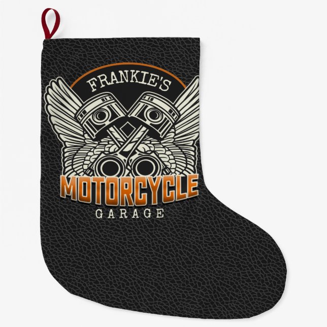 Custom NAME Pistons Wings Motorcycle Biker Garage Large Christmas Stocking (Front)
