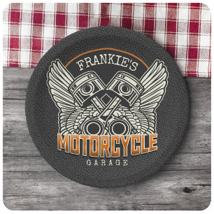 Custom NAME Pistons Wings Motorcycle Biker Garage Paper Plate