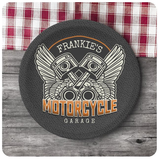 Custom NAME Pistons Wings Motorcycle Biker Garage Paper Plate (Creator Uploaded)