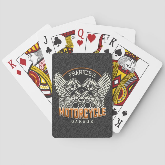 Custom NAME Pistons Wings Motorcycle Biker Garage Playing Cards (Back)