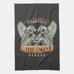 Custom NAME Pistons Wings Motorcycle Biker Garage Tea Towel