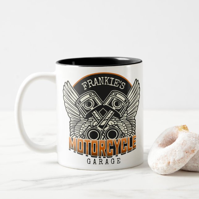 Custom NAME Pistons Wings Motorcycle Biker Garage Two-Tone Coffee Mug (With Donut)