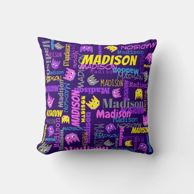 Custom name pixel gaming pink purple yellow girls cushion (Front)