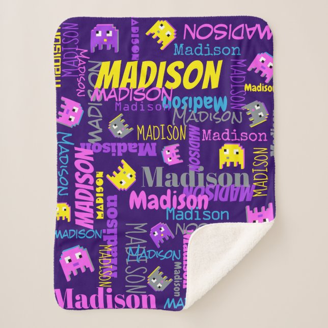 Custom name pixel gaming pink purple yellow girls sherpa blanket (Front)