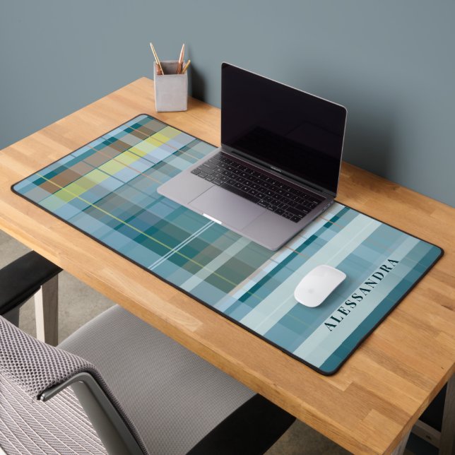 Custom Name Plaid Check Blue Teal Modern Stylish  Desk Mat (Office 2)