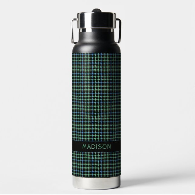 Custom Name Plaid / Tartan Pattern Water Bottle (Front)