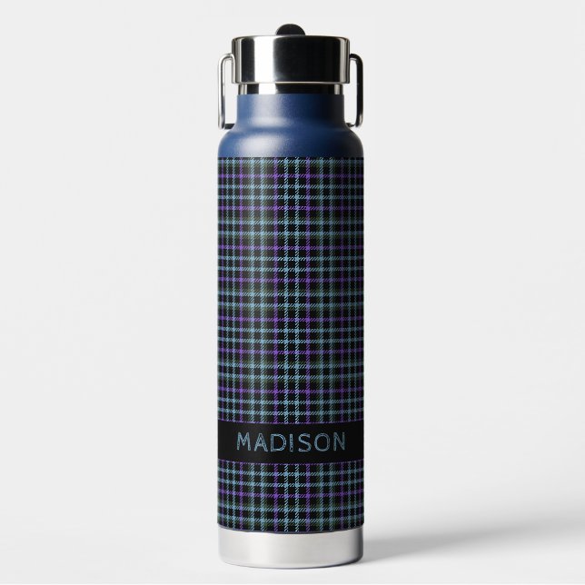 Custom Name Plaid / Tartan Pattern Water Bottle (Front)