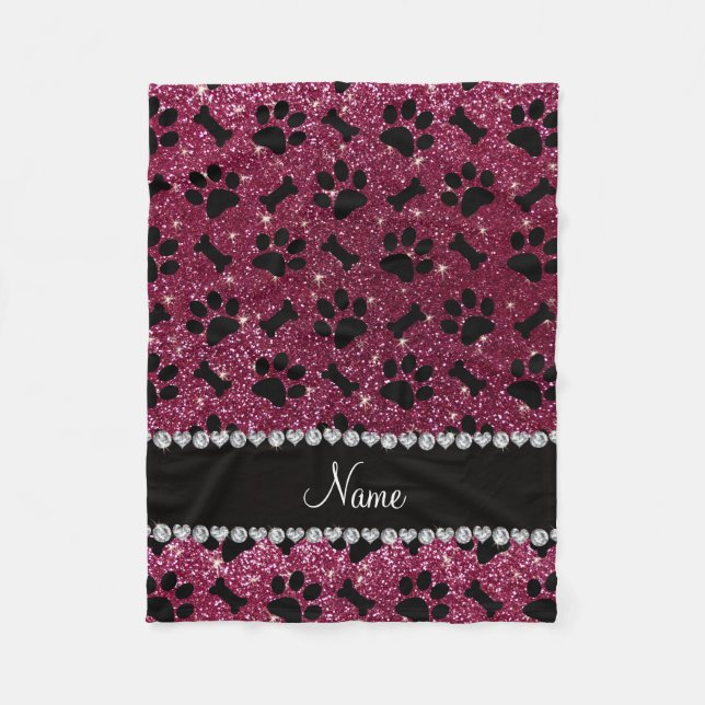 Custom name plum purple glitter bones dog paws fleece blanket (Front)