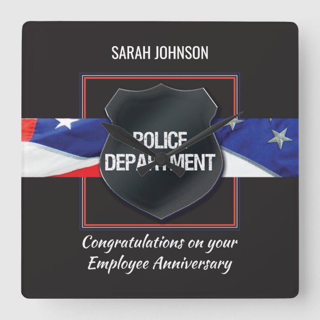 Custom Name, Police Employee Anniversary Square Wall Clock (Front)