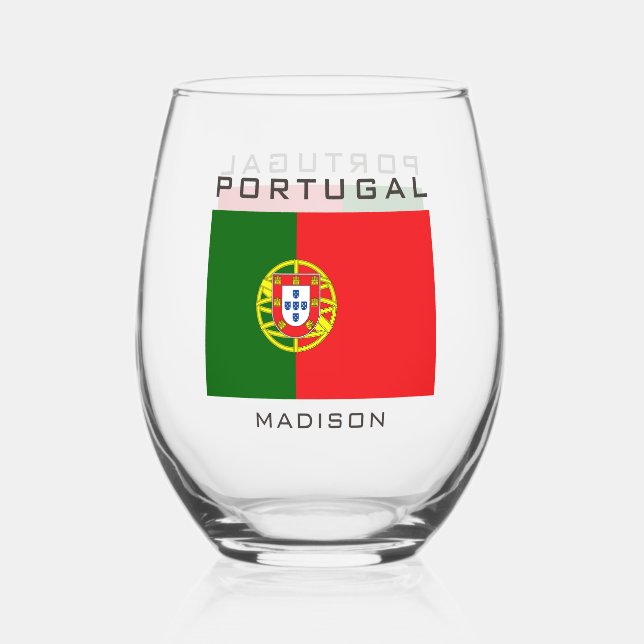 Custom Name Portugese Flag Stemless Wine Glass (Front)