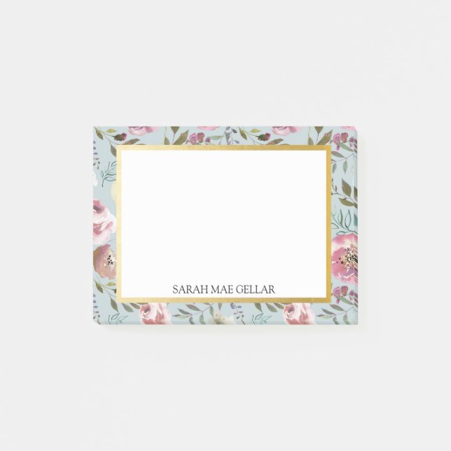Custom Name Post-It | Blue, Grey, Gold Foil Floral Post-it Notes (Front)