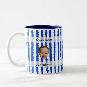 Custom Name Preppy Blue Striped Baby Face Photo Two-Tone Coffee Mug