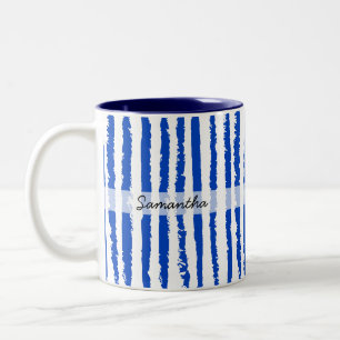 Custom Name Preppy Blue Striped Two-Tone Coffee Mug