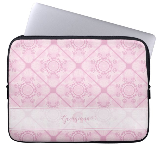 Custom Name Preppy In Pink Mandala Diamond Tiled Laptop Sleeve (Front)