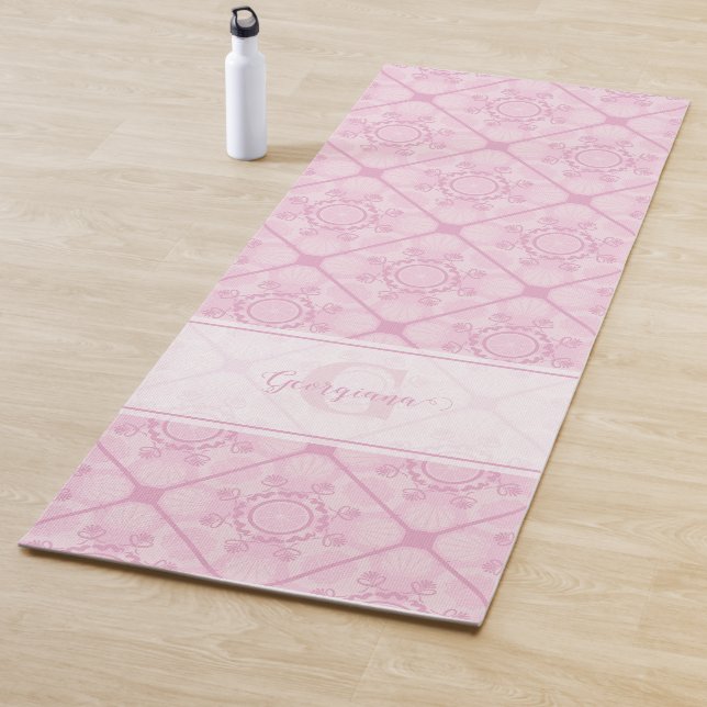 Custom Name Preppy In Pink Mandala Diamond Tiled Yoga Mat (In Situ)