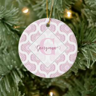 Custom Name Pretty Pink 70s Confetti Lace Mandala Ceramic Tree Decoration