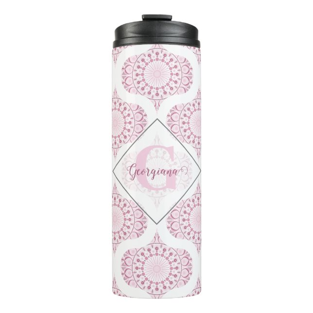 Custom Name Pretty Pink 70s Confetti Lace Mandala Thermal Tumbler (Front)