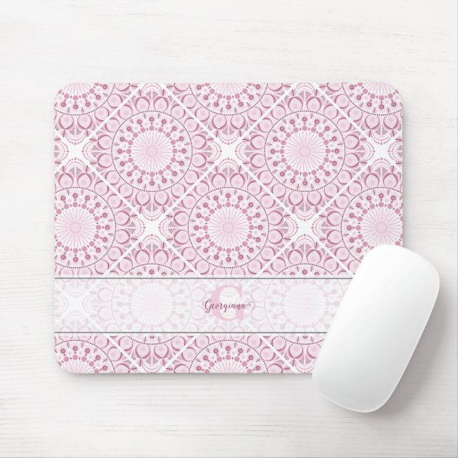 Custom Name Pretty Pink Confetti Lace Mandala Tile Mouse Mat (With Mouse)