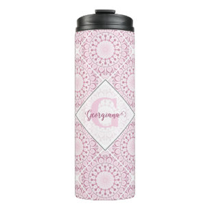 Custom Name Pretty Pink Confetti Lace Mandala Tile Thermal Tumbler