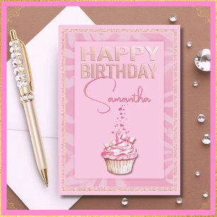 Custom Name Pretty Pink Cupcake Happy Birthday Card