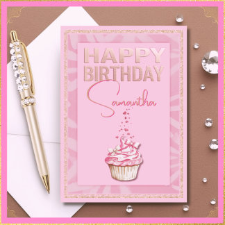 Custom Name Pretty Pink Cupcake Happy Birthday Card