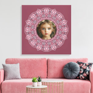 Custom Name Pretty Pink Floral Mandala Photo Frame Canvas Print
