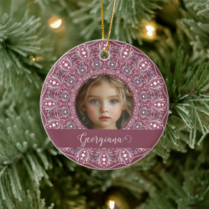 Custom Name Pretty Pink Floral Mandala Photo Frame Ceramic Tree Decoration