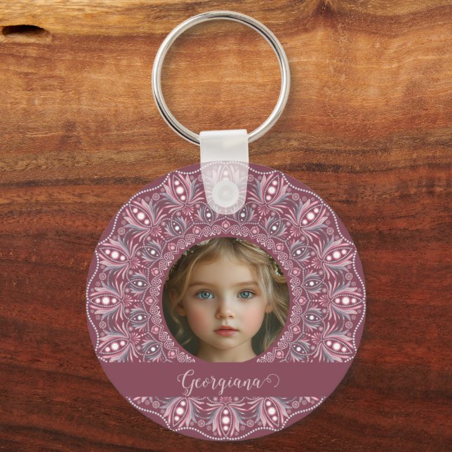 Custom Name Pretty Pink Floral Mandala Photo Frame Key Ring (Front)