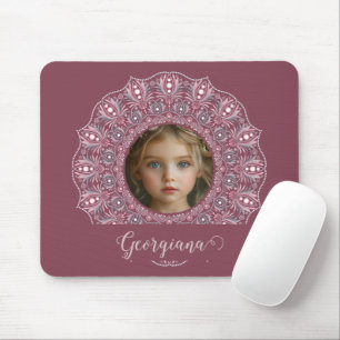 Custom Name Pretty Pink Floral Mandala Photo Frame Mouse Mat