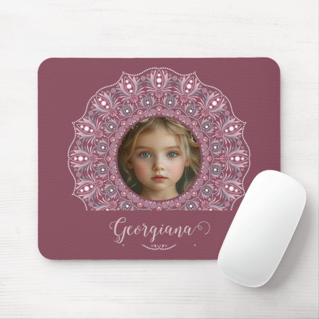 Custom Name Pretty Pink Floral Mandala Photo Frame Mouse Mat (With Mouse)