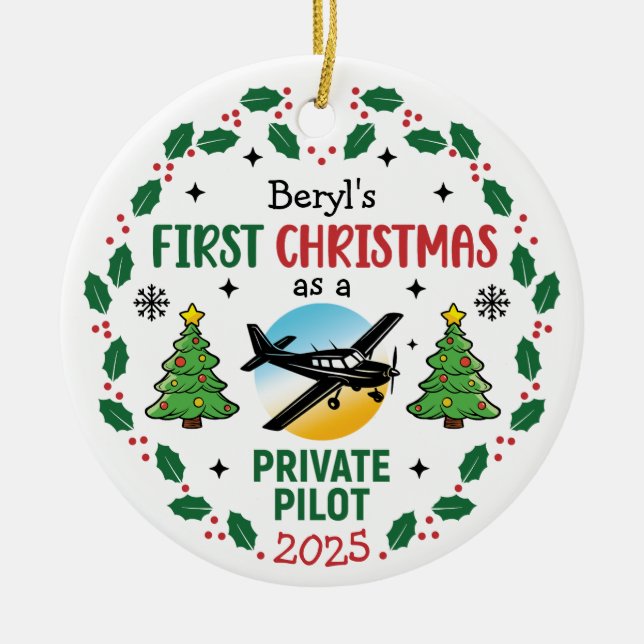 Custom Name Private Pilot First Christmas Ceramic Tree Decoration (Front)